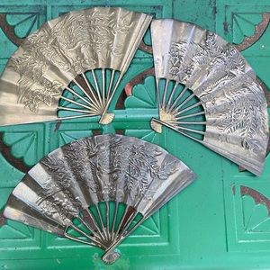 Vintage Brass Fan Wall Hanging Phoenix Bird Flowers Decor Plaque Ornate